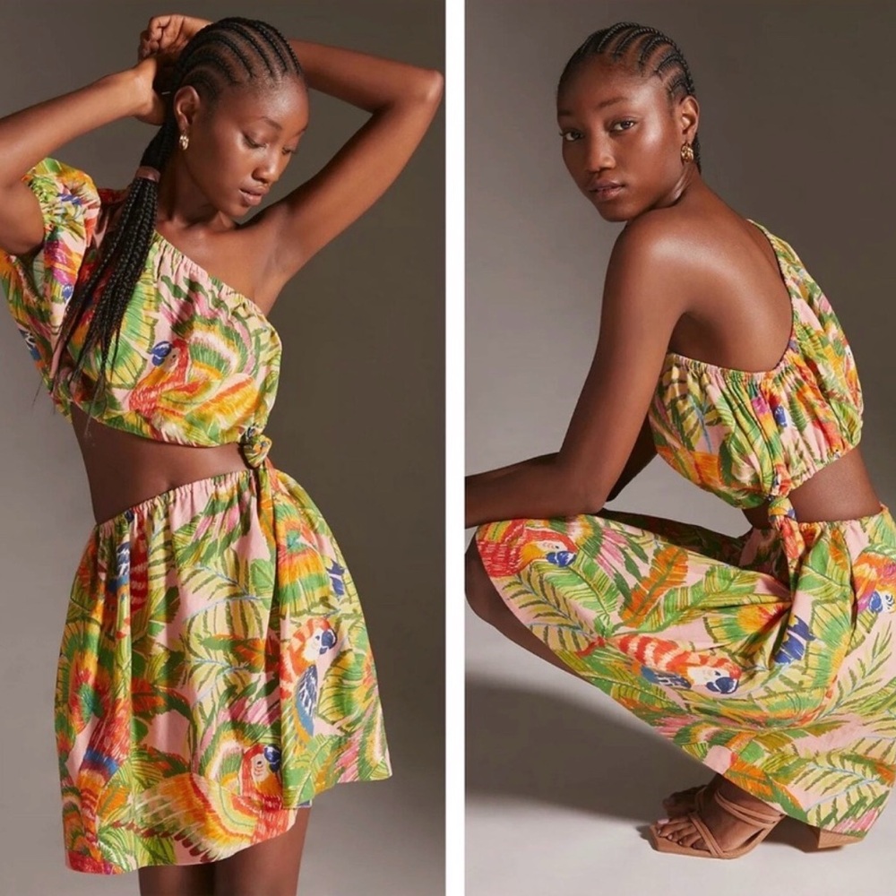 FARM Rio Macaw Leaves Cutout One-Shoulder Dress